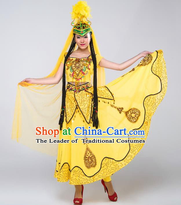 Traditional Chinese Uyghur Nationality Dance Costume, China Folk Dance Uigurian Minority Dance Dress and Headwear for Women