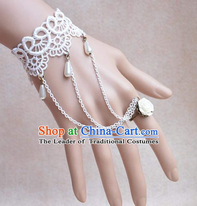 European Western Bride Vintage Jewelry Accessories Renaissance White Lace Bracelet with Ring for Women