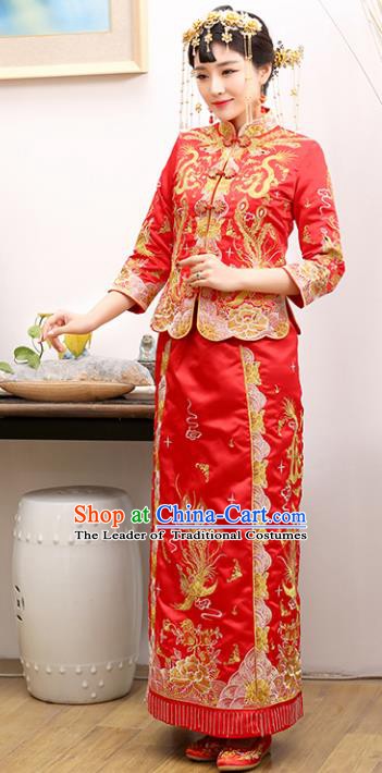 Traditional Ancient Chinese Costume Xiuhe Suits Wedding Red Embroidered Dragon and Phoenix Toast Cheongsam for Women