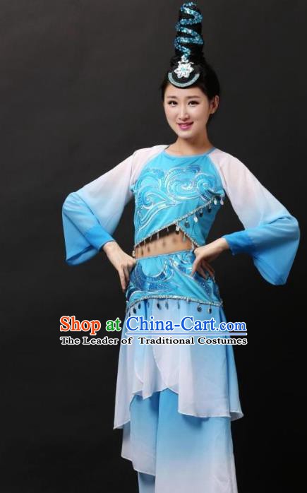 Traditional Chinese Classical Dance Blue Costume, China Classical Folk Dance Clothing for Women