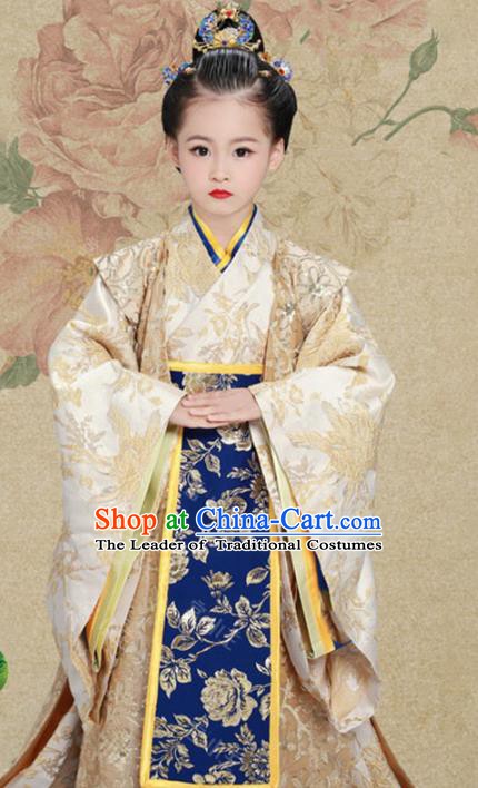 Traditional Chinese Han Dynasty Imperial Empress Trailing Embroidered Costume and Headpiece for Kids