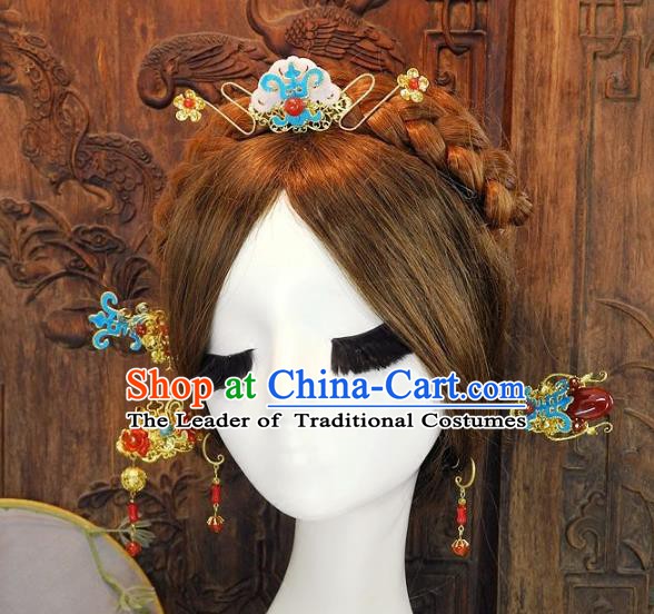 Chinese Handmade Classical Cloisonne Hair Accessories Ancient Wedding Jade Hairpins for Women