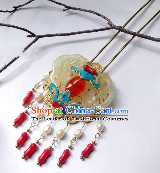 Chinese Handmade Classical Cloisonne Hair Accessories Ancient Wedding Jade Tassel Hairpins for Women