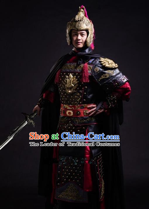 Traditional Chinese Stage Performance Costume Ancient Han Dynasty General Helmet and Armour for Men