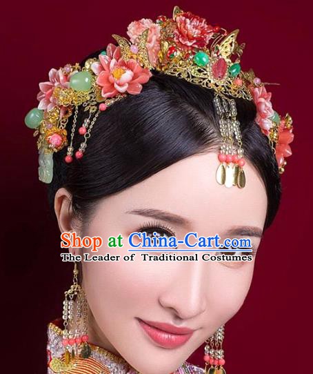 Chinese Handmade Classical Wedding Hair Accessories Phoenix Coronet Ancient Hanfu Bride Red Lotus Hairpins for Women