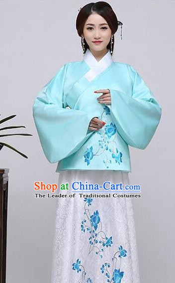 Traditional China Ancient Ming Dynasty Princess Costume Hanfu Blue Blouse and White Skirt for Women