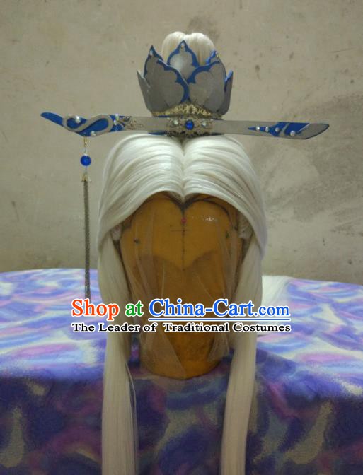 Traditional China Ancient Cosplay Swordsman Hair Accessories Wig and Hairdo Crown for Men