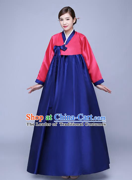 Asian Korean Dance Costumes Traditional Korean Hanbok Clothing Wedding Red Blouse and Navy Dress for Women