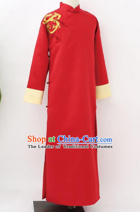 Traditional Republic of China Nobility Childe Costume, Chinese Cross Talke Clothing Red Long Robe for Men