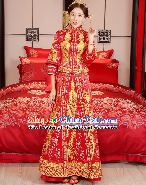 Traditional Chinese Wedding Costume Xiuhe Suit Ancient Bride Embroidered Phoenix Cheongsam for Women