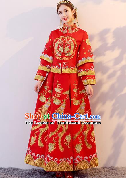 Traditional Chinese Wedding Costume Xiuhe Suit Ancient Bride Embroidered Phoenix Cheongsam for Women