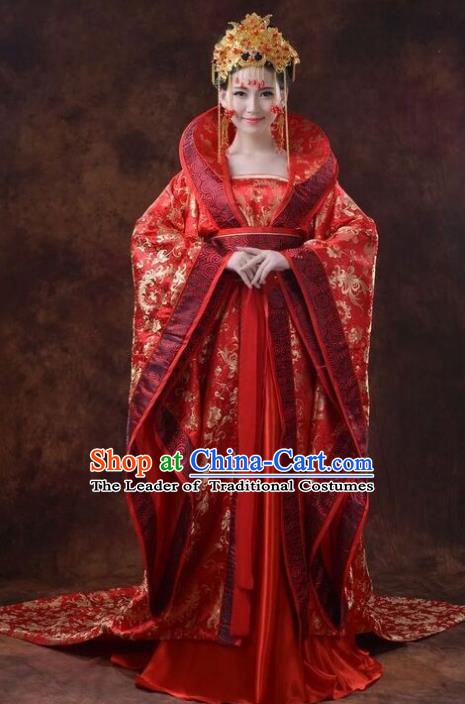 Chinese Ancient Tang Dynasty Princess Wedding Costumes Theatre Embroidered Red Dress for Women