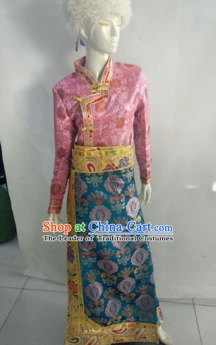 Chinese Tibetan Nationality Costume Pink Tibetan Robe, Traditional Zang Ethnic Minority Clothing for Women