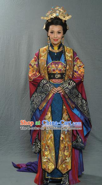 Chinese Ancient Song Dynasty Empress Dowager Embroidered Historical Costume and Headpiece Complete Set for Women