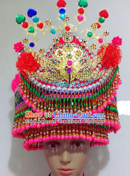 Traditional Chinese Yi Nationality Dance Hair Accessories Crystal Hats Hmong Ethnic Minority Headwear for Women