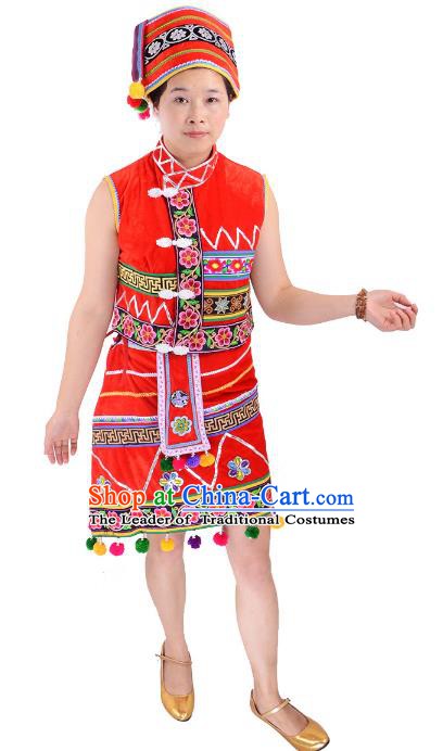 Traditional Chinese Gaoshan Nationality Folk Dance Costume China Ethnic Minority Red Dress for Women