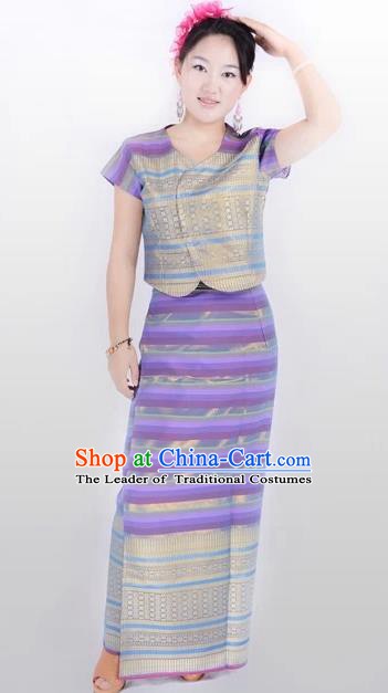 Traditional Chinese Dai Nationality Costume, China Peacock Dance Folk Dance Purple Dress for Women