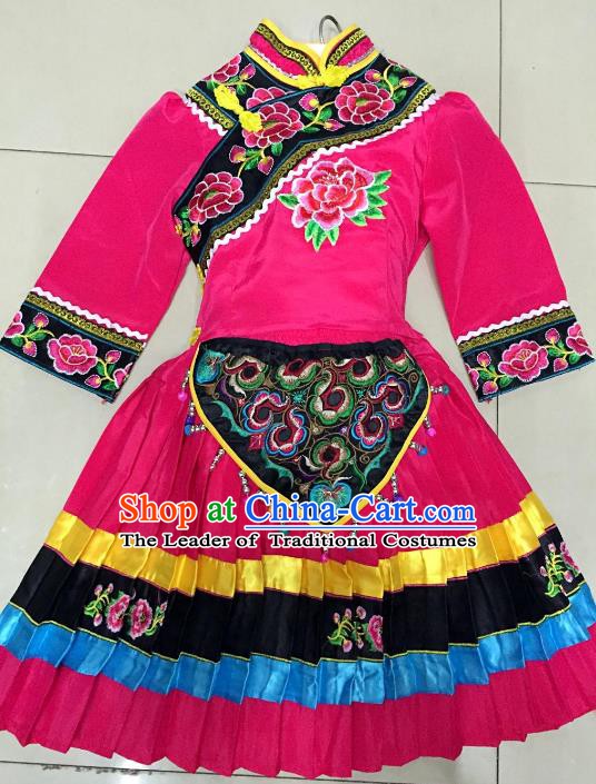 Traditional Chinese Jingpo Nationality Dance Costume Folk Dance Ethnic Rosy Dress Clothing for Kids