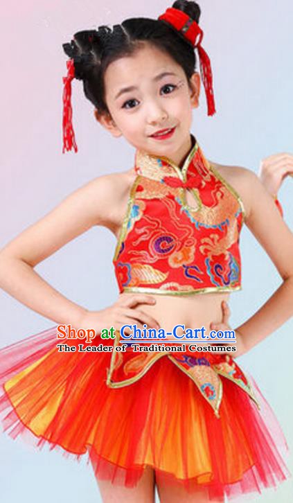 Traditional Chinese Yangge Dance Costume, Folk Dance Red Uniform Yangko Clothing for Kids