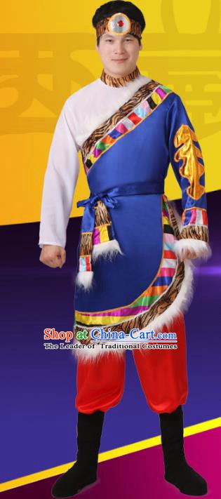 Traditional Chinese Zang Nationality Dance Costume, Folk Dance Ethnic Tibetan Minority Nationality Clothing for Men