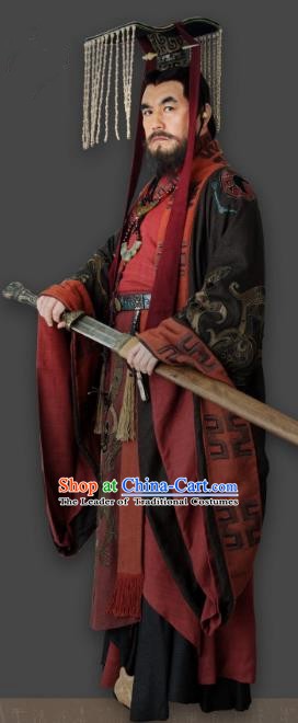 Chinese Ancient First Emperor Qin Dynasty Monarch Replica Costume and Headpiece Complete Set for Men