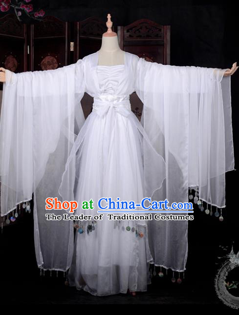 Chinese Ancient Young Lady Costume Cosplay Fairy Swordswoman White Dress Hanfu Clothing for Women