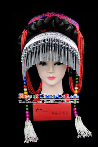 Chinese Traditional Yi Nationality Hair Accessories Yi Ethnic Minority Tassel Rosy Hats Headwear for Women