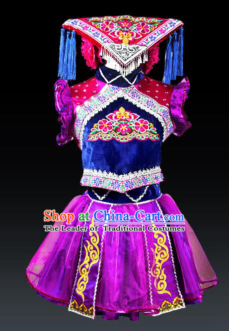 Traditional Chinese Tujia Nationality Dance Costume and Headwear, Hmong Female Ethnic Pleated Skirt Minority Embroidery Clothing for Women