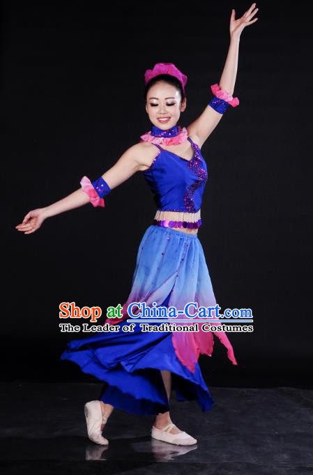 Traditional Chinese Folk Dance Umbrella Dance Costume, China Yangko Classical Dance Blue Dress Clothing for Women