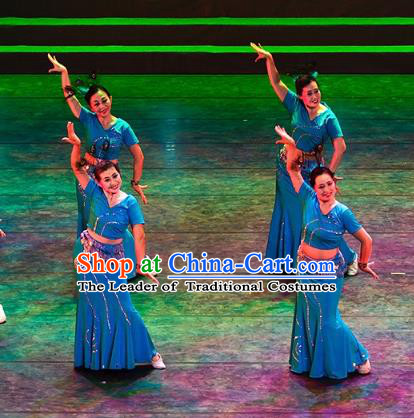 Traditional Chinese Folk Dance Yangge Dance Costume, China Yangko Classical Dance Blue Dress Clothing for Women