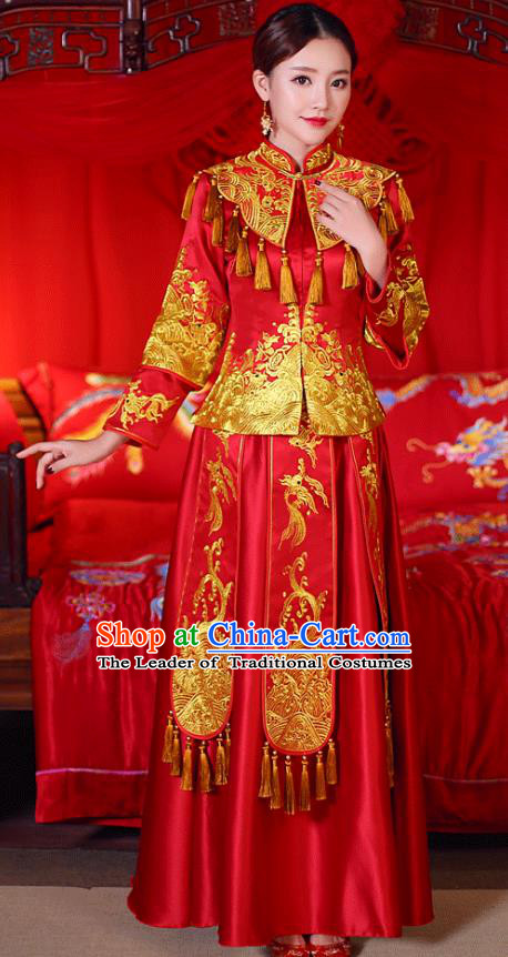 Chinese Traditional Wedding Dress Costume Golden Tassel Bottom Drawer, China Ancient Bride Embroidered Xiuhe Suit for Women