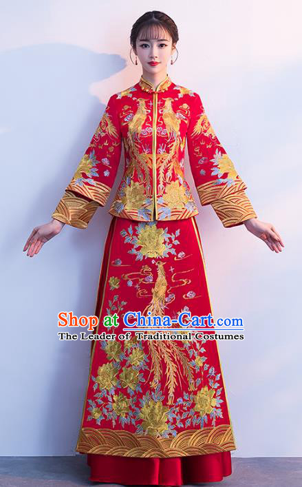 Chinese Traditional Xiuhe Suits Bride Red Full Dress Ancient Embroidered Phoenix Bottom Drawer Wedding Costumes for Women