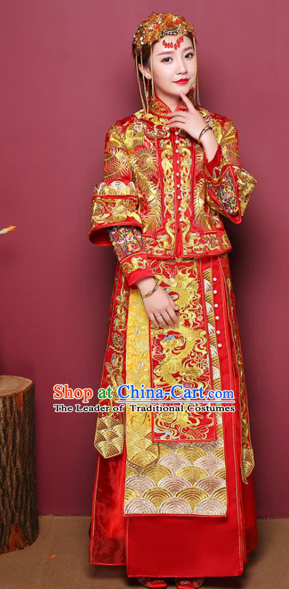 Chinese Ancient Wedding Costume Bride Dress, China Traditional Delicate Embroidered Dragon Phoenix Toast Clothing Xiuhe Suits for Women