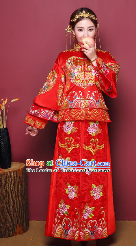 Chinese Ancient Wedding Costume Bride Delicate Embroidered Peony Dress, China Traditional Toast Clothing Xiuhe Suits for Women