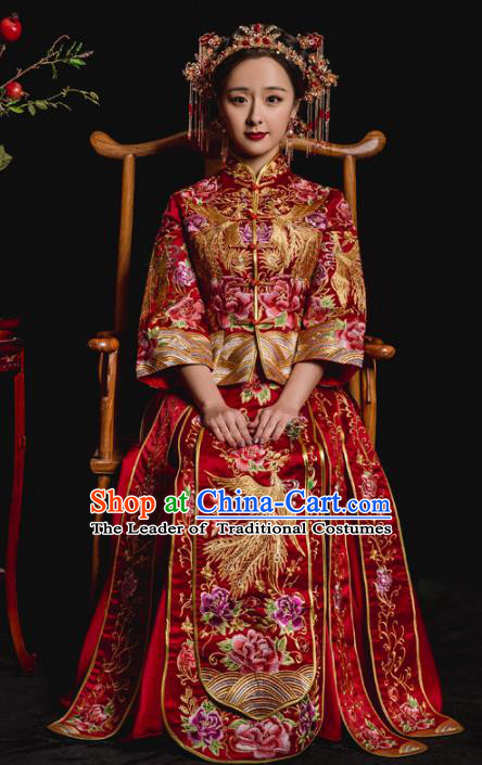 Chinese Traditional Embroidered Xiuhe Suits Ancient Bride Embroidery Phoenix Peony Wedding Costumes for Women