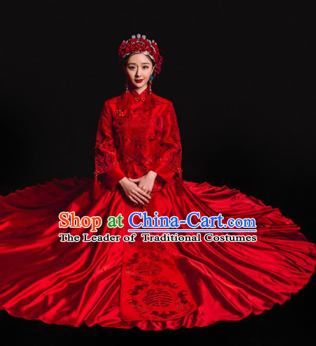 Chinese Traditional Xiuhe Suits Ancient Bride Embroidered Red Bottom Drawer Wedding Costumes for Women