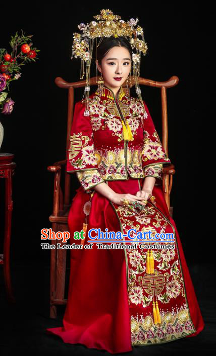 Chinese Ancient Bride Wedding Costume Embroidery Toast Clothing, Traditional Delicate Embroidered Red Xiuhe Suits for Women