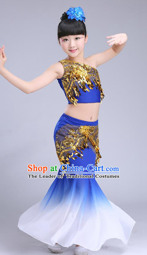 Chinese Traditional Folk Dance Costumes Pavane Dance Royalblue Dress Children Classical Peacock Dance Clothing for Kids