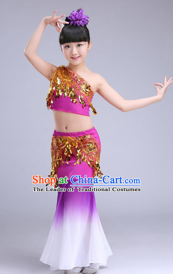 Chinese Traditional Folk Dance Costumes Pavane Dance Purple Dress Children Classical Peacock Dance Clothing for Kids