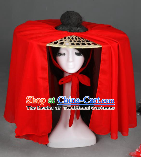 Traditional Handmade Chinese Ancient Swordswoman Hats Red Veil Bamboo Hat for Women