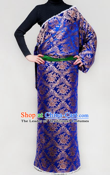 Chinese Zang Nationality Royalblue Brocade Tibetan Robe, China Traditional Tibetan Ethnic Heishui Dance Costume for Women