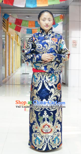 Chinese Zang Nationality Royalblue Brocade Tibetan Robe, China Traditional Tibetan Ethnic Heishui Dance Costume for Women