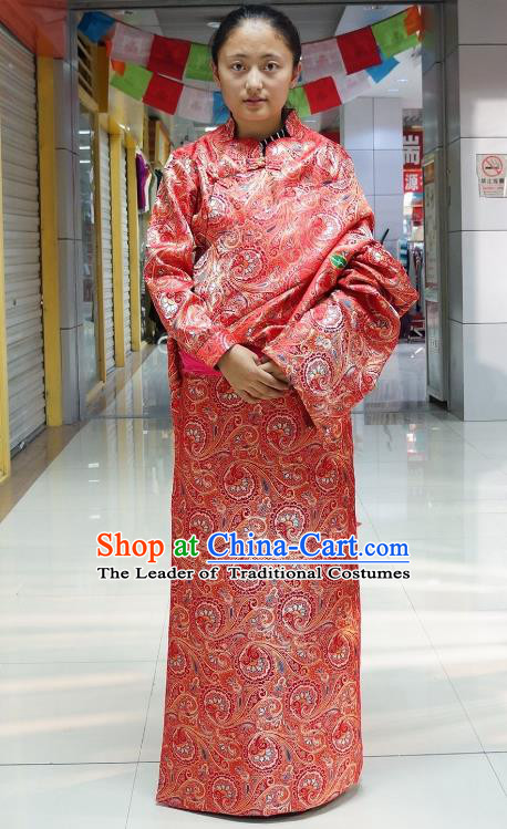 Chinese Zang Nationality Red Tibetan Robe, China Traditional Tibetan Ethnic Heishui Dance Costume for Women