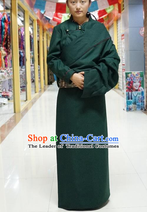 Chinese Zang Nationality Deep Green Tibetan Robe, China Traditional Tibetan Ethnic Heishui Dance Costume for Women