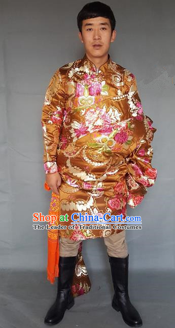 Chinese Traditional Zang Nationality Wedding Golden Tibetan Robe, China Tibetan Ethnic Heishui Dance Costume for Men