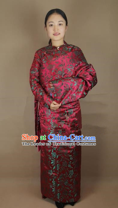 Chinese Zang Nationality Red Brocade Tibetan Robe, China Traditional Tibetan Ethnic Costume for Women