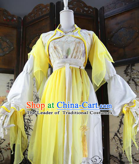 Chinese Ancient Cosplay Swordswoman Costume Song Dynasty Young Lady Embroidered Yellow Hanfu Dress for Women