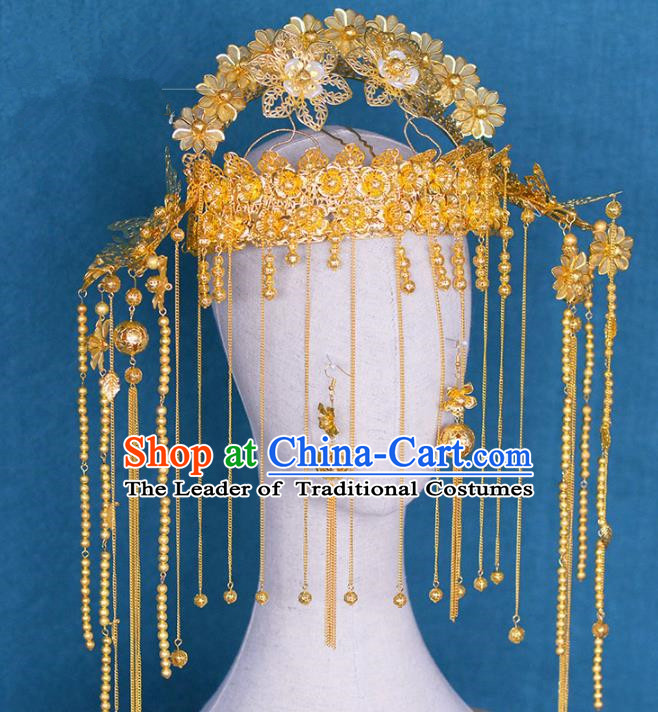 Chinese Ancient Handmade Palace Traditional Golden Phoenix Coronet Hair Accessories Xiuhe Suit Hairpins for Women