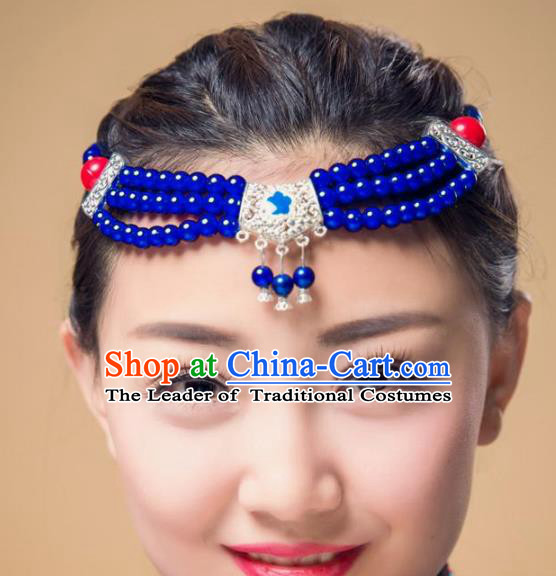 Traditional Chinese Mongol Nationality Dance Hair Accessories, Mongolian Minority Royalblue Beads Hair Clasp Headwear for Women