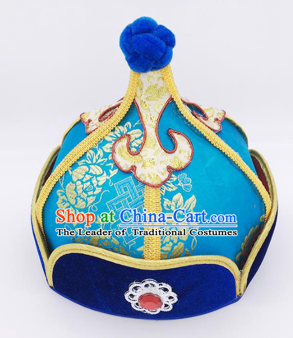 Traditional Chinese Mongol Nationality Handmade Hat, Handmade Mongolian Minority Blue Hats Headwear for Kids